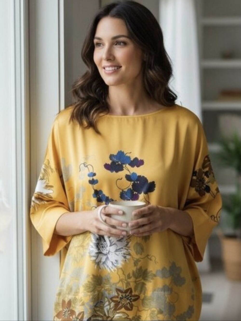 Soft Surroundings Bright Golden Floral Satin Tunic